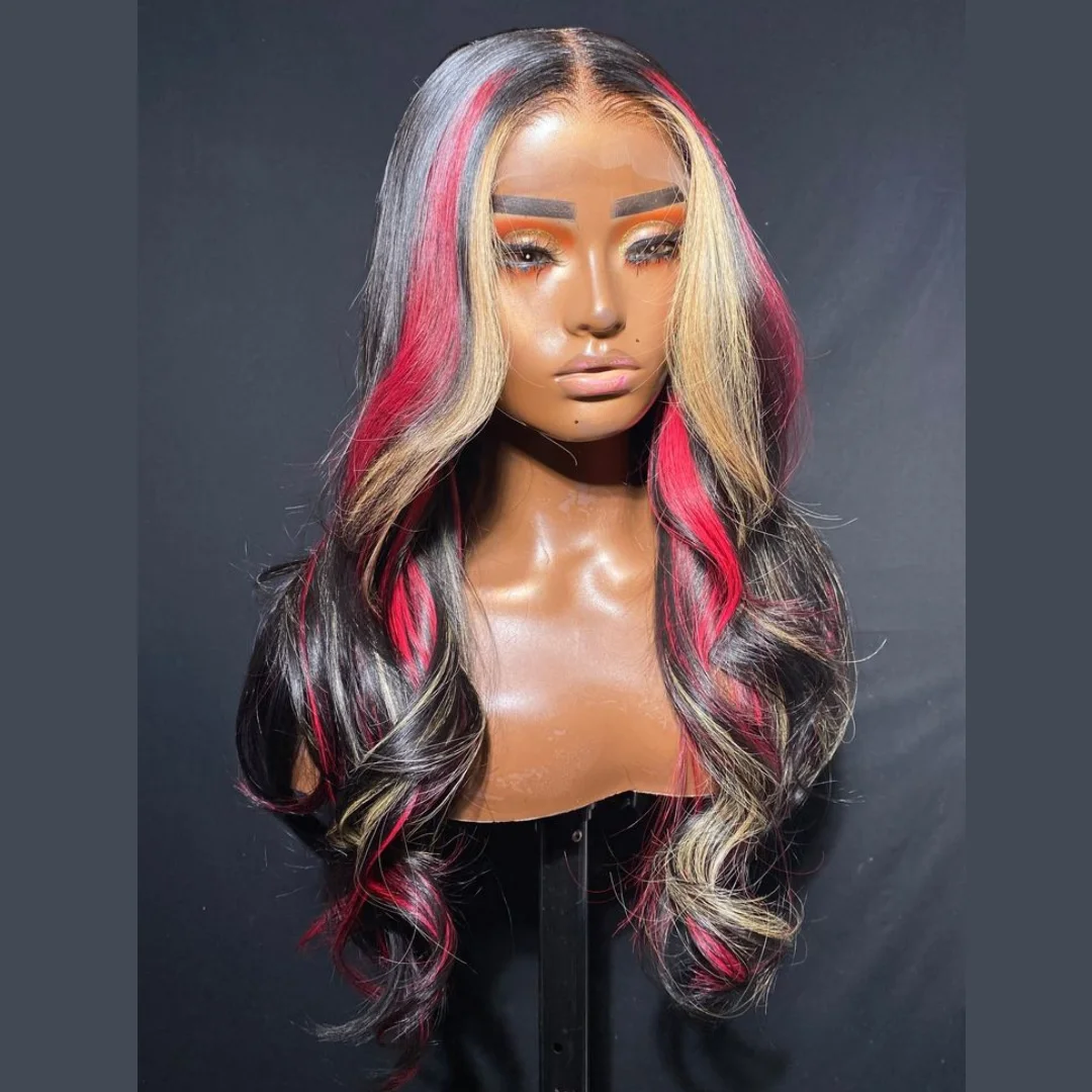 Peluca 13X6 negra con reflejos rubios rojos pelucas frontales de encaje sintético 13x4 prearrancadas con línea de cabello peluca Frontal de encaje para mujer