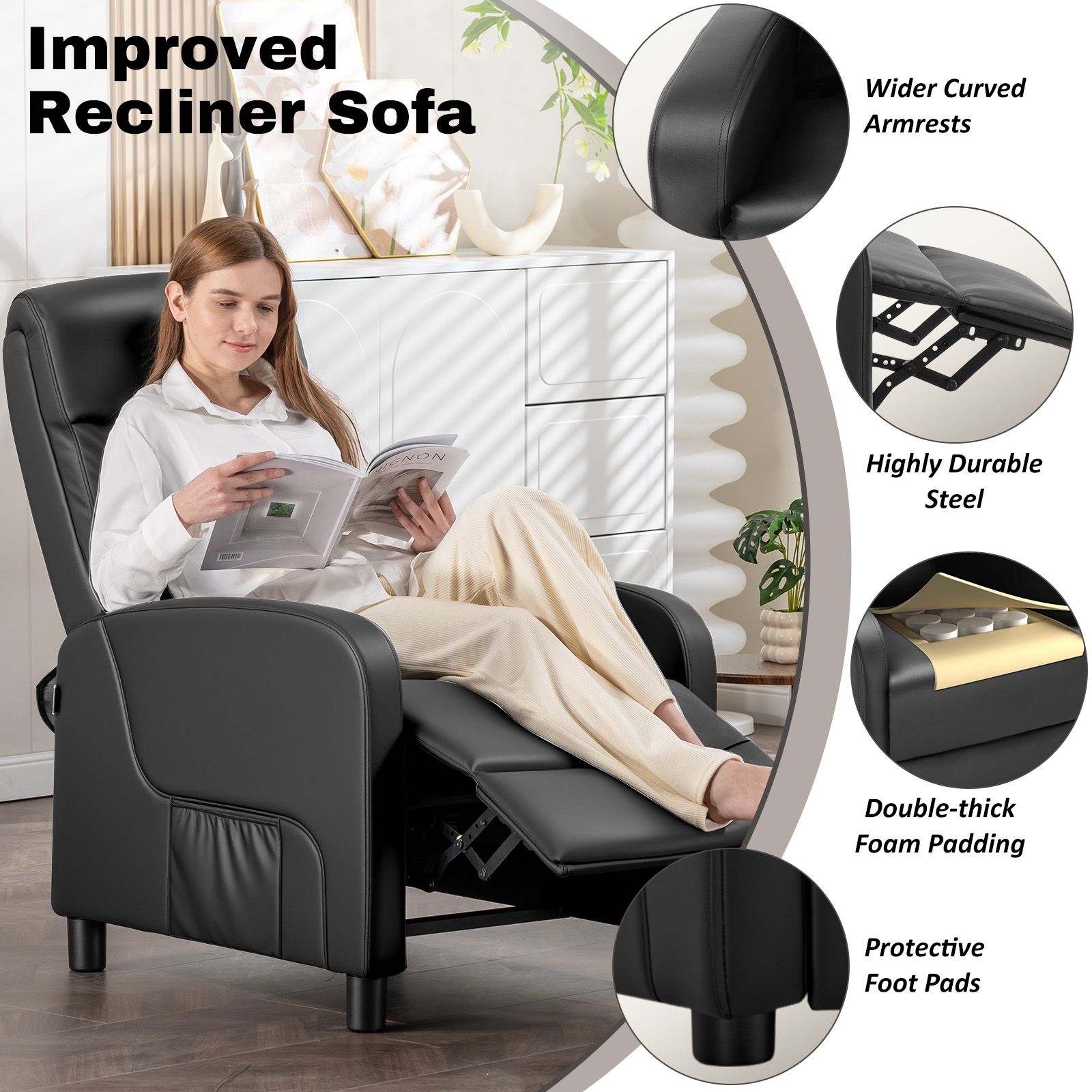 COMHOMA Fotel relaksacyjny Fotel telewizyjny z regulowanym oparciem do 160°, poduszka z pierza z podnóżkiem Pojedynczy fotel wypoczynkowy Salon Pojedynczy fotel wypoczynkowy Sypialnia Kino domowe PU