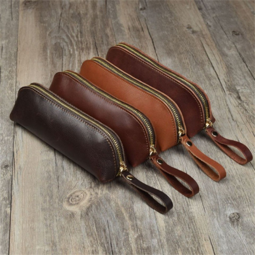 Borsa per penna a matita con cerniera in pelle 1PC - Borsa per cosmetici piccola per trucco da viaggio - Caffè vintage