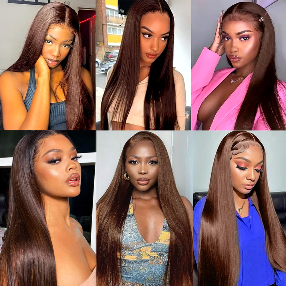 Pelucas delanteras de encaje liso largo marrón Chocolate 13x4 para mujeres negras peluca Frontal de encaje sintético HD transparente de colores prearrancada