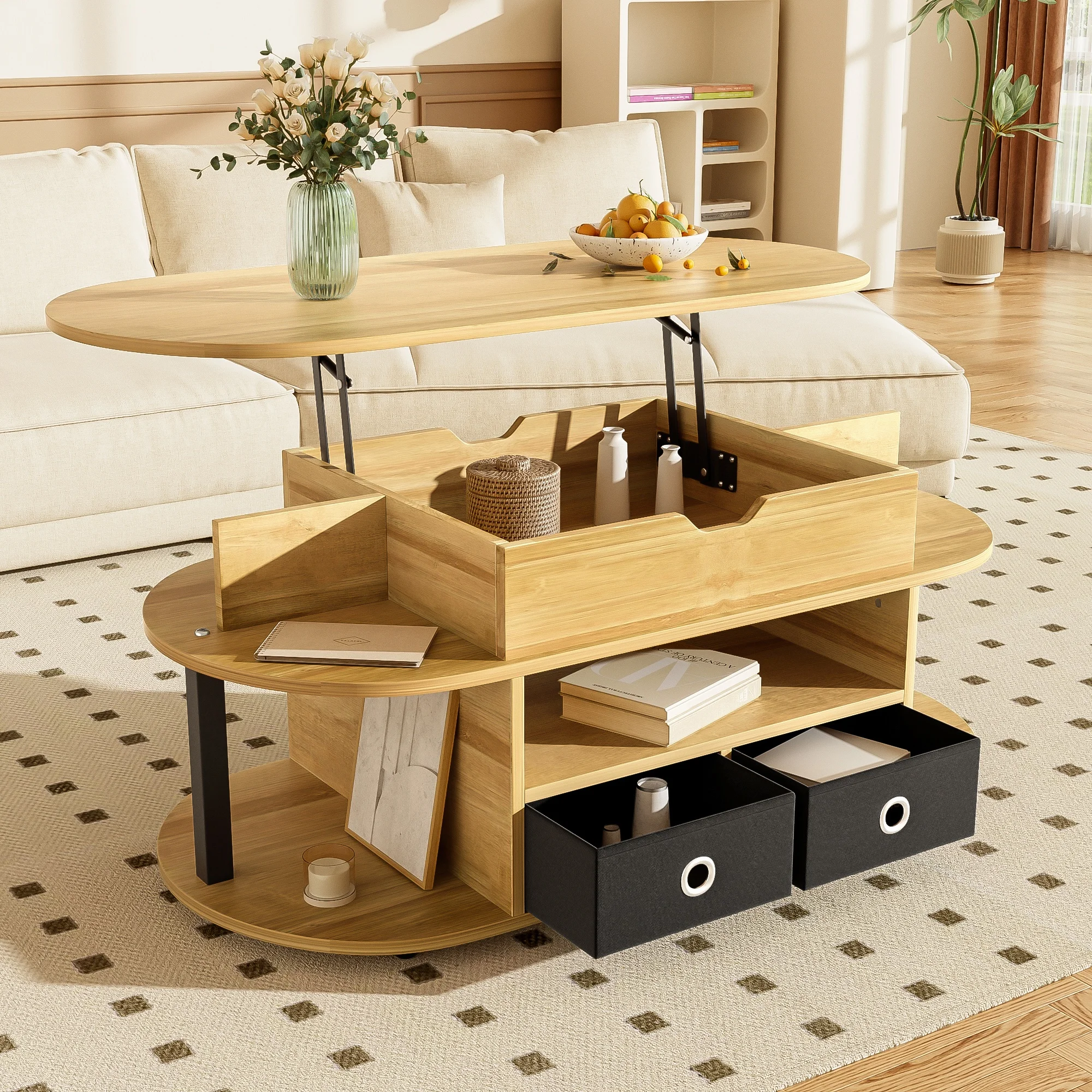 Couchtisch, Stilvolles Design, Praktischer Stauraum, mit Hebefunktion, Schwarz-Holz
