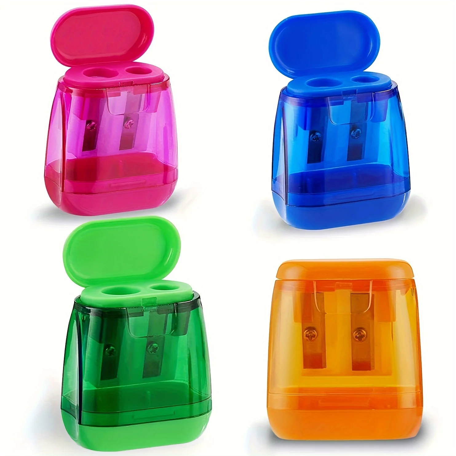 Sacapuntas de doble orificio de 4 piezas con tapa y recipiente para virutas, juego de sacapuntas manual portátil para lápices de colores.