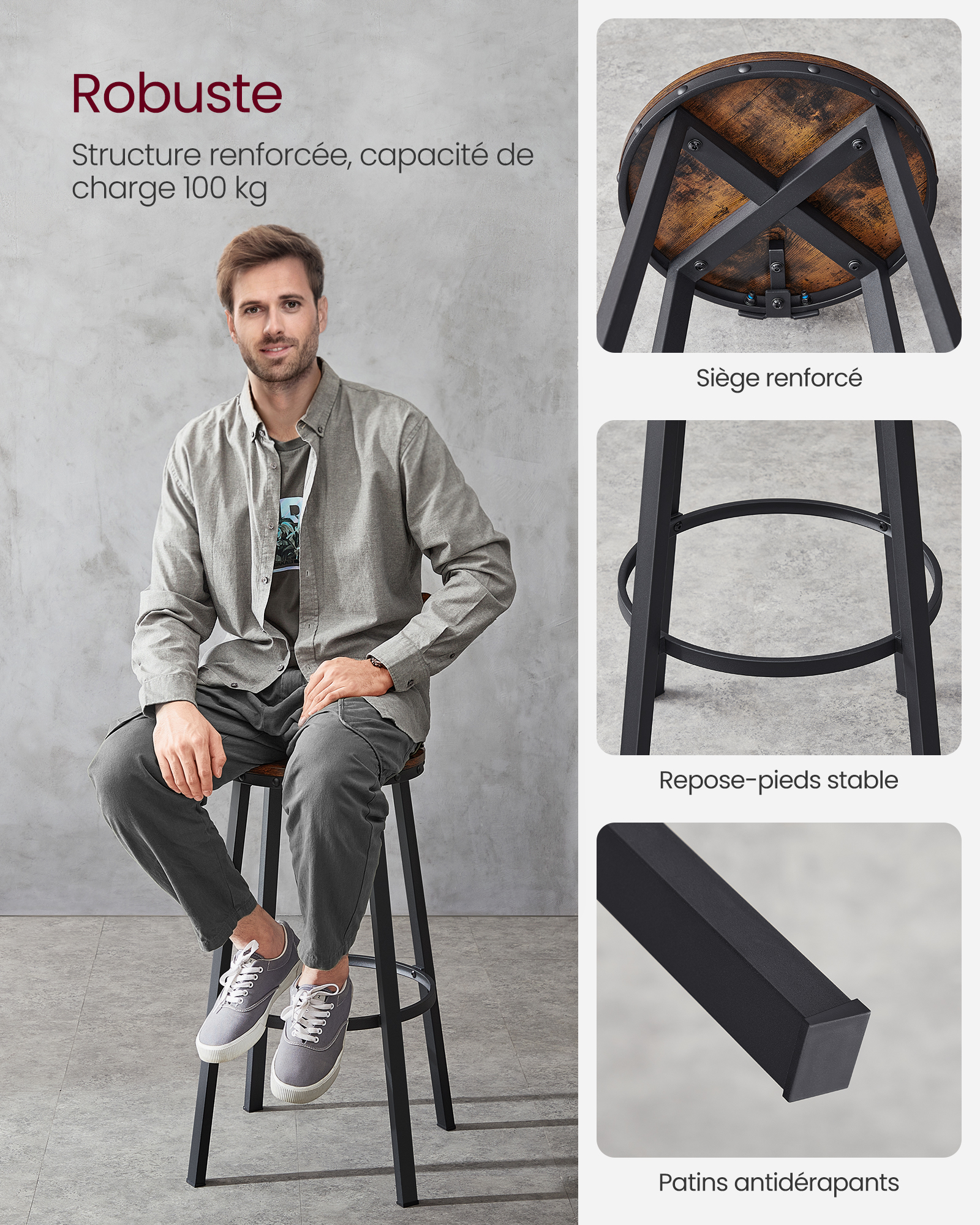 Tabouret Bar Industriel, Lot de 2, Chaises Bar Cuisine, avec Dossier, Cadre en Acier, Siège 73,5 cm de Haut, Montage Facile, Style Industriel