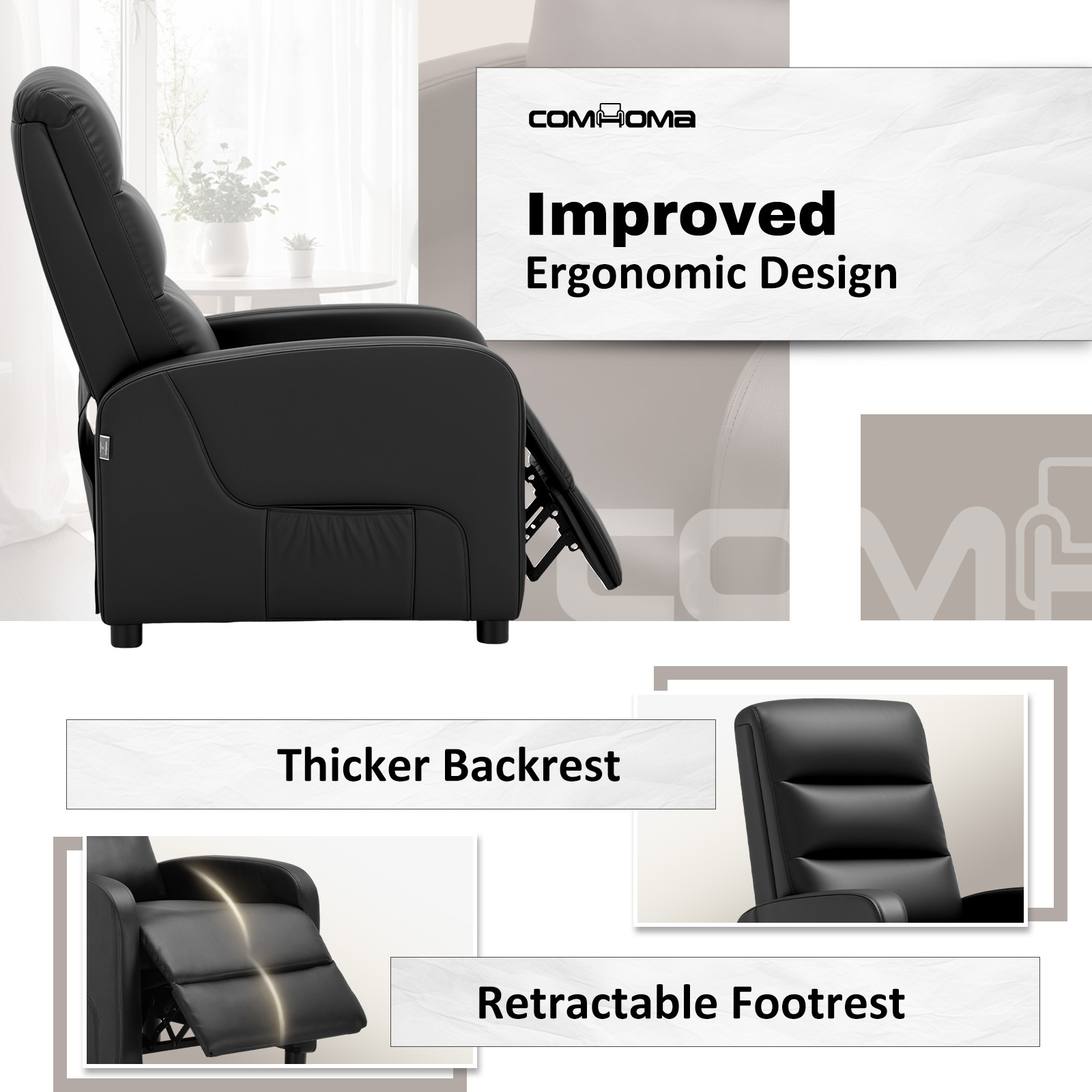 COMHOMA Fotel relaksacyjny Fotel telewizyjny z regulowanym oparciem do 160°, poduszka z pierza z podnóżkiem Pojedynczy fotel wypoczynkowy Salon Pojedynczy fotel wypoczynkowy Sypialnia Kino domowe PU