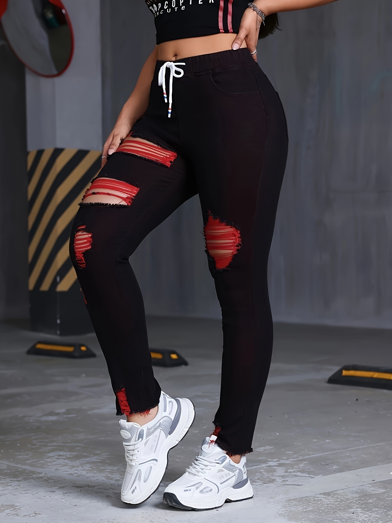 Damen-Stretch-Jeans, elastische Taille, Kordelzug, elegant, Distressed, rot, schmal, personalisierter Designer-Stil, geeignet für alle Jahreszeiten