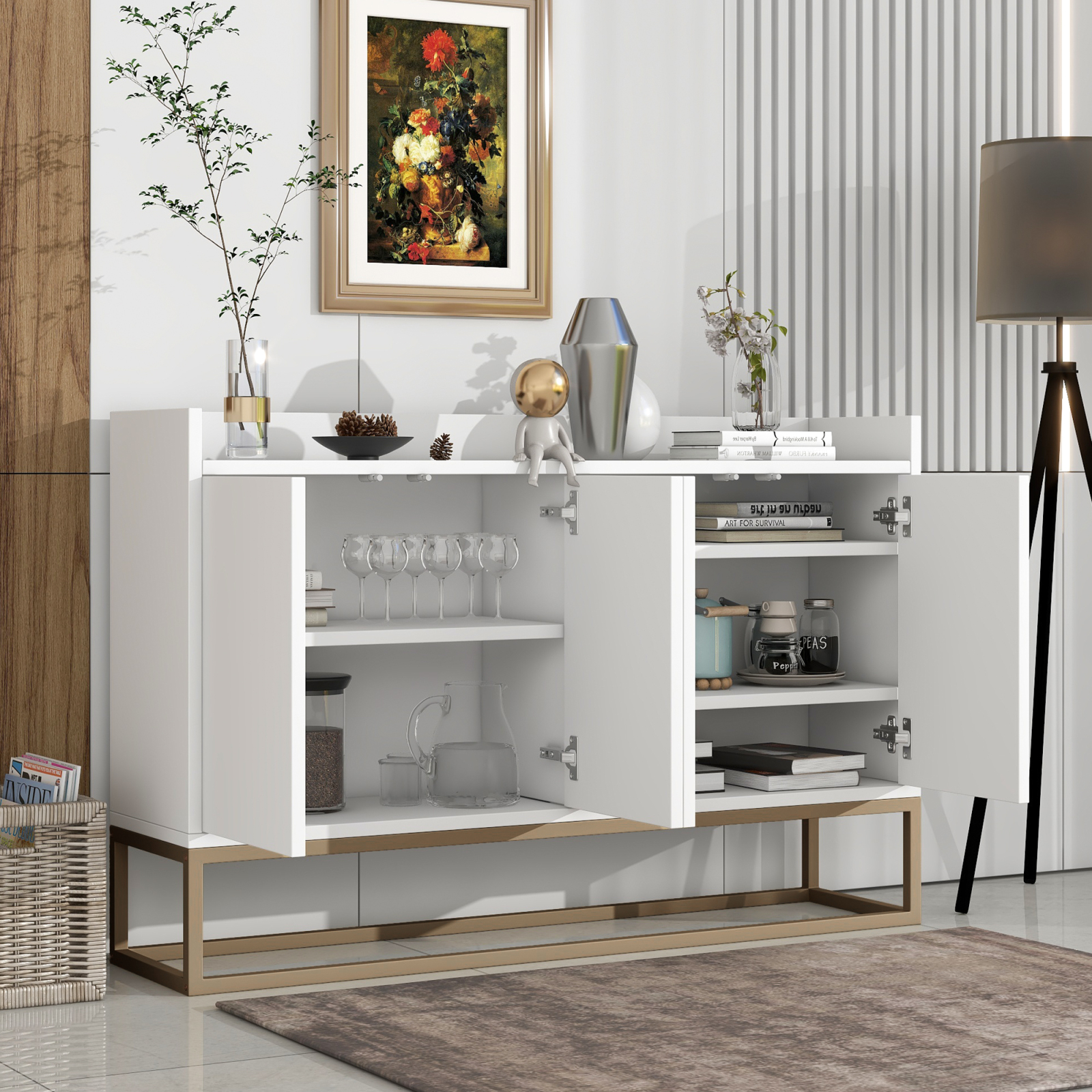 Modernes Side board im minimalist ischen Stil 4-türiger griff loser Buffets chrank für Esszimmer, Wohnzimmer, Küche (weiß)