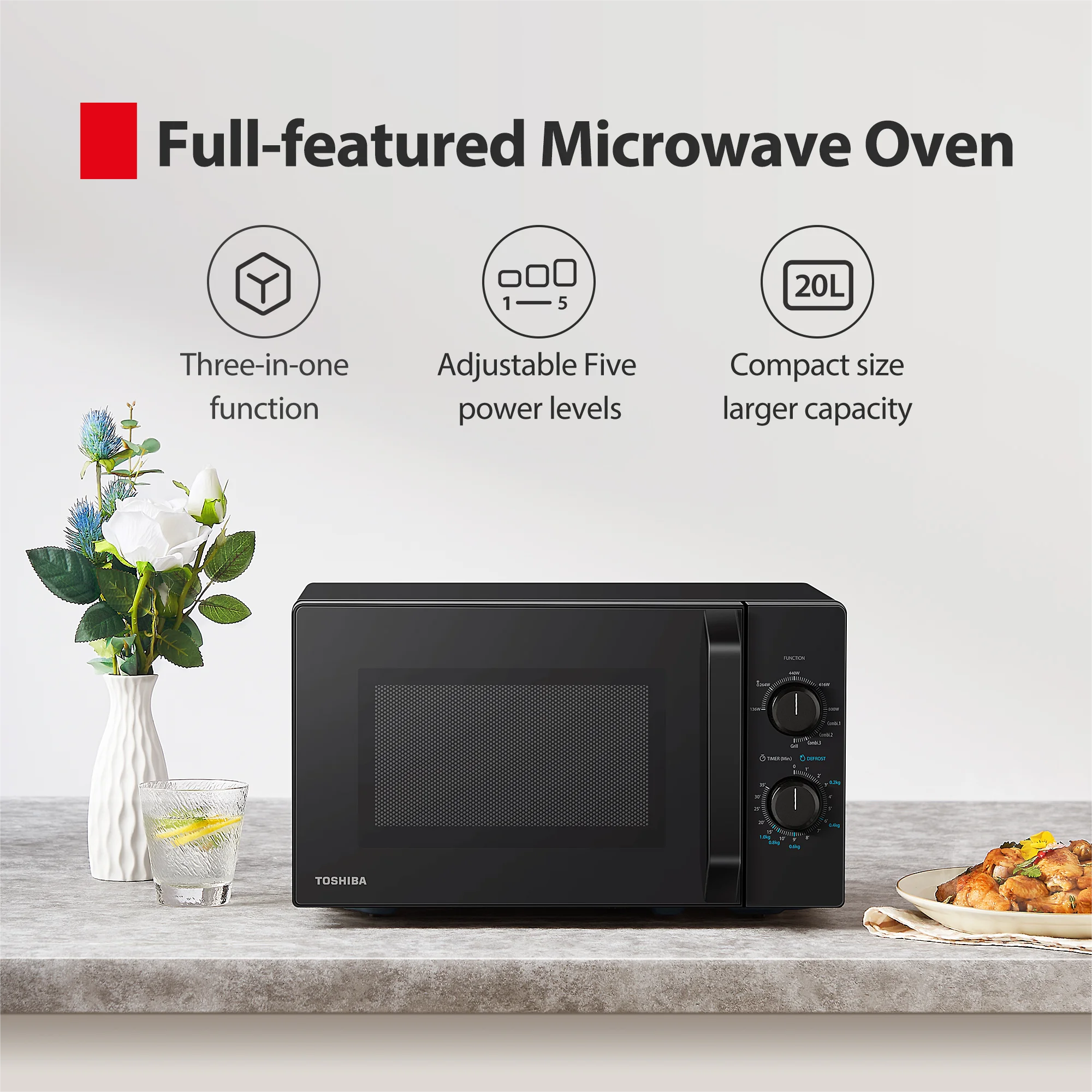 Toshiba Forno a microonde con grill Crispy e funzione combinata, 5 livelli di potenza, potenza grill 1000 W, Nero
