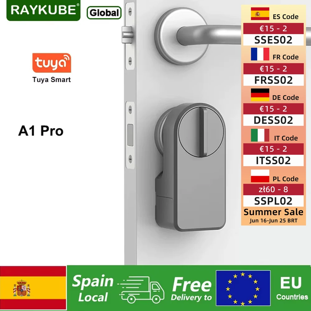 RAYKUBE A1 Pro Tuya Bluetooth Inteligentny Zamek do Drzwi Tuya/ Aplikacja Smart Life Otwieranie Bez Wiercenia Dostawa z Hiszpanii do Państw EU