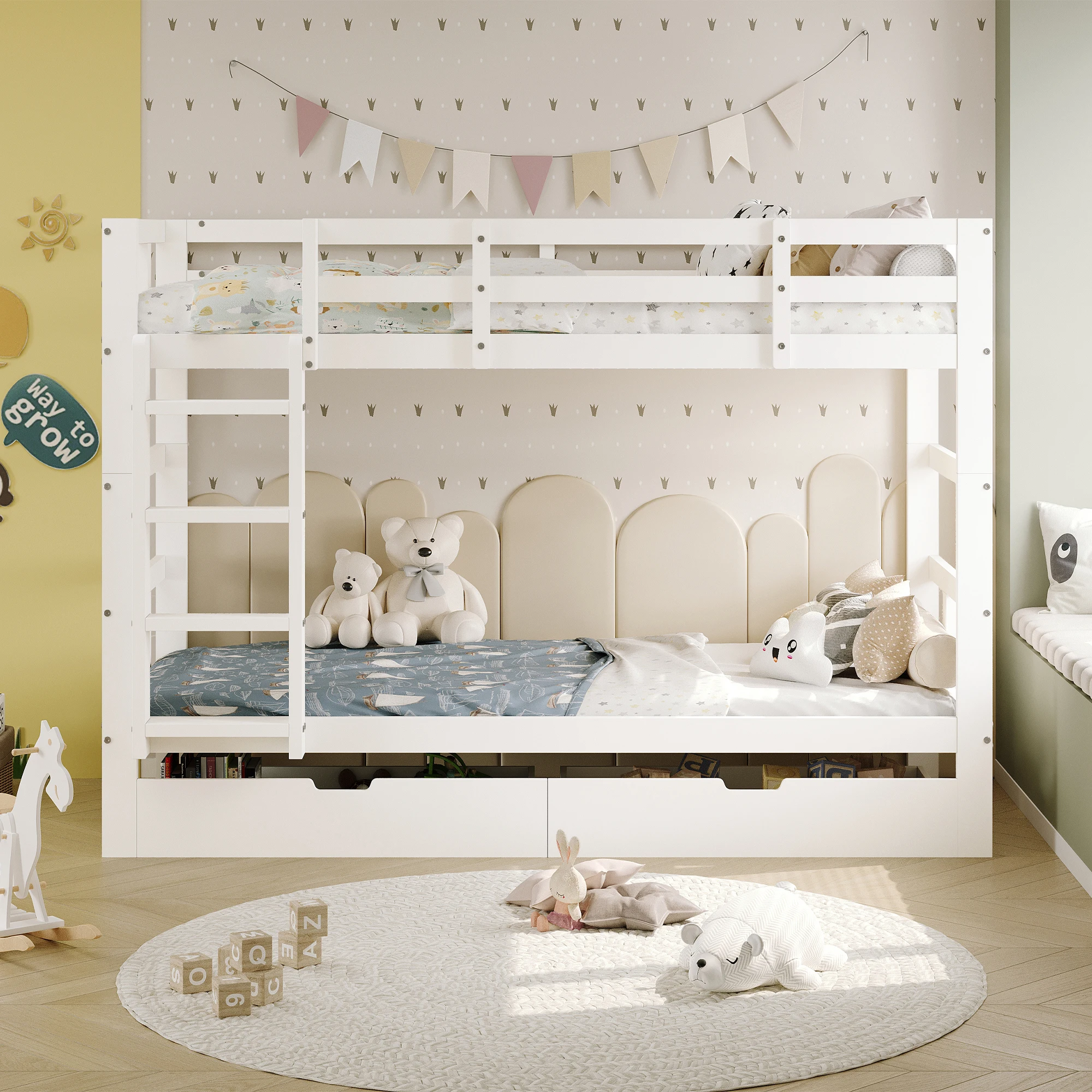 Cama para niños Rosahqnda, cama multifunción de 90x200 cm, cama individual de doble con protección contra choques y 2 cajones, cama para niños y niñas