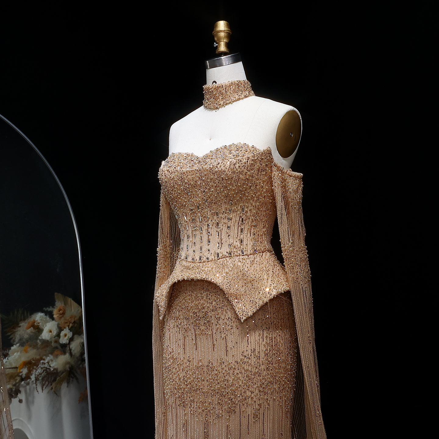 Sharon Said Luxury Grey Crystal Evening Dress with Flowing Sleeves 2025 Elegant Off-Shoulder Wedding Party Gown SS558 Customized