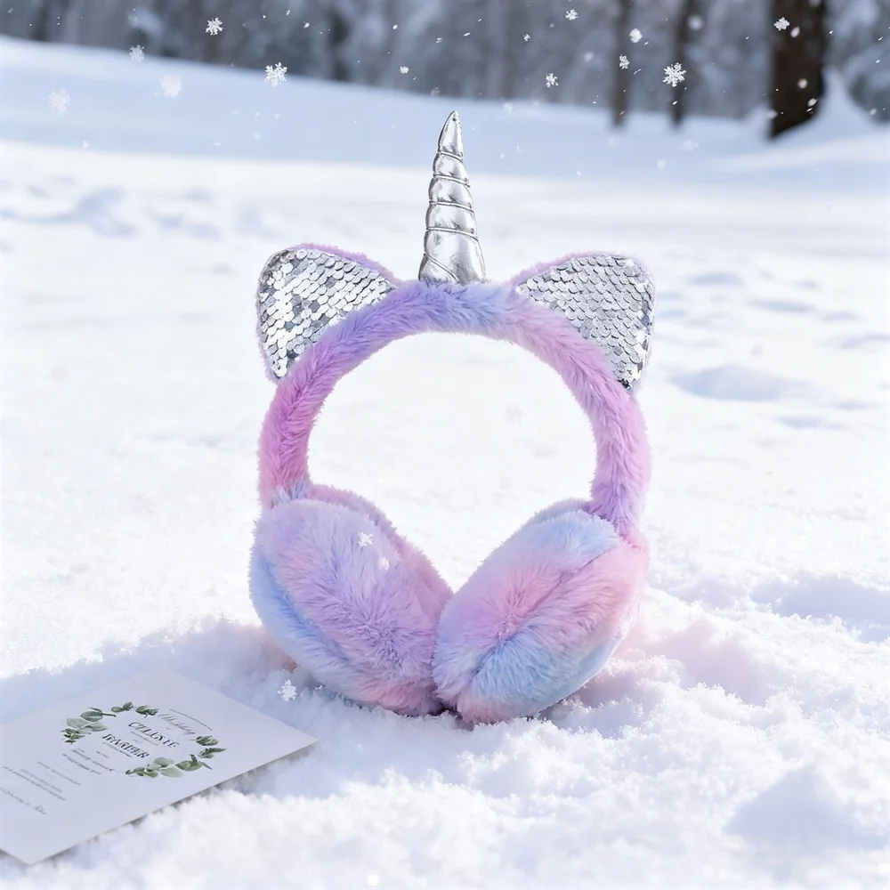 Autumn and Winter Soft Plush Warm Unicorn Earmuffs, Tie Dye Sequins Cat Ear Earmuffs, Protect Ears From Cold,Christmas Gifts