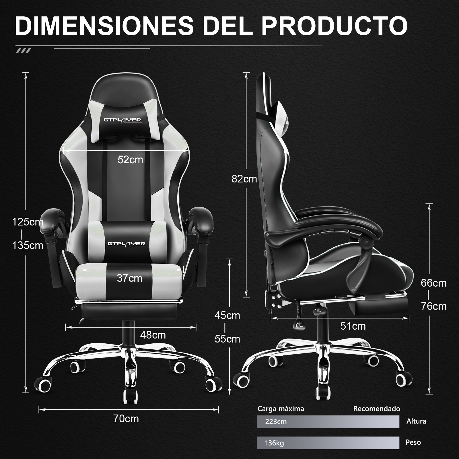 Silla Gaming GTPLAYER con Masaje, Silla Ergonómica para Oficina o Gamer con Reposapiés, Cojín Lumbar y Reposacabezas