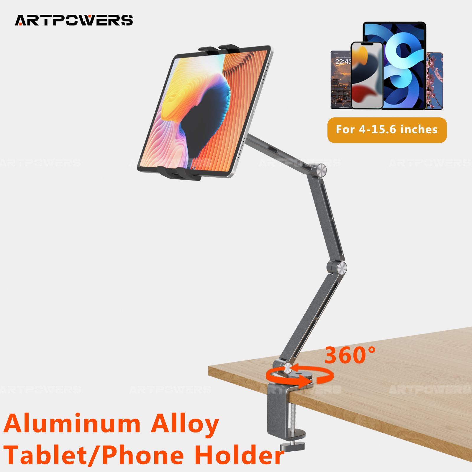 Soporte para tableta Artpowers, soporte para Monitor portátil, soporte para teléfono, portátil, soporte giratorio ajustable para tableta con Clip