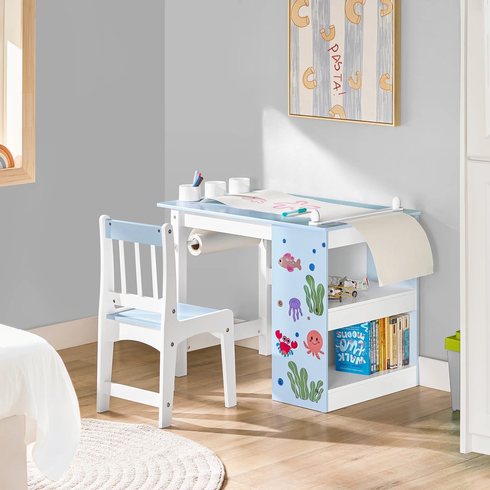 SoBuy KMB60 Conjunto de mesa e cadeira infantil de 2 peças com adesivos DIY mesa infantil com 3 porta-canetas