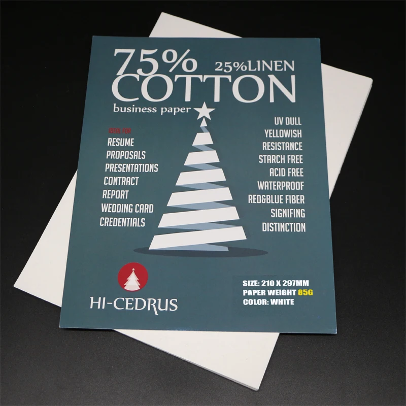 85gsm 75% cotton 25% linen paper A4 210*297mm White color with red&blue visible fiber starch-free waterproof 50 sheets GCYT006