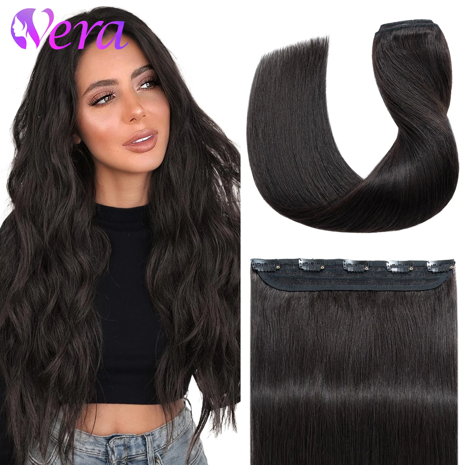 Grampo em extensões de cabelo humano 1 peça 5 clipes 3/4 clipe de cabeça cheia na extensão do cabelo remy cor natural clipe de uma peça ins