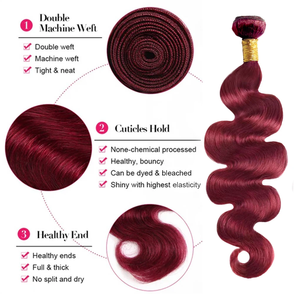 Borgonha onda do corpo pacotes com frontal 13x4 laço 100% pacotes de extensão do cabelo humano com fechamento colorido 99j cabelo humano tissage