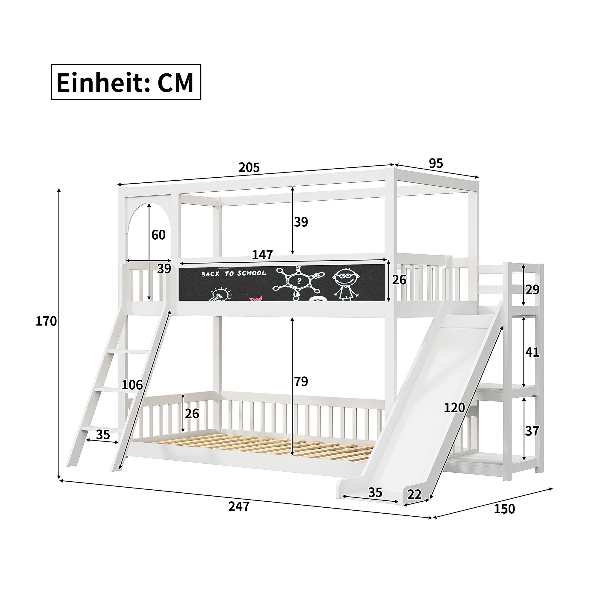 Marco de cama para niños con escaleras y toboganes, litera con pizarra, madera maciza, protección contra caídas, 90x200cm