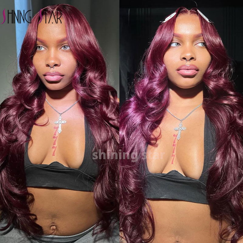 女性用ブラジルボディウェーブウィッグ,事前に摘み取られた人間の髪の毛,バーガンディ色,フロントレース13x6,99j