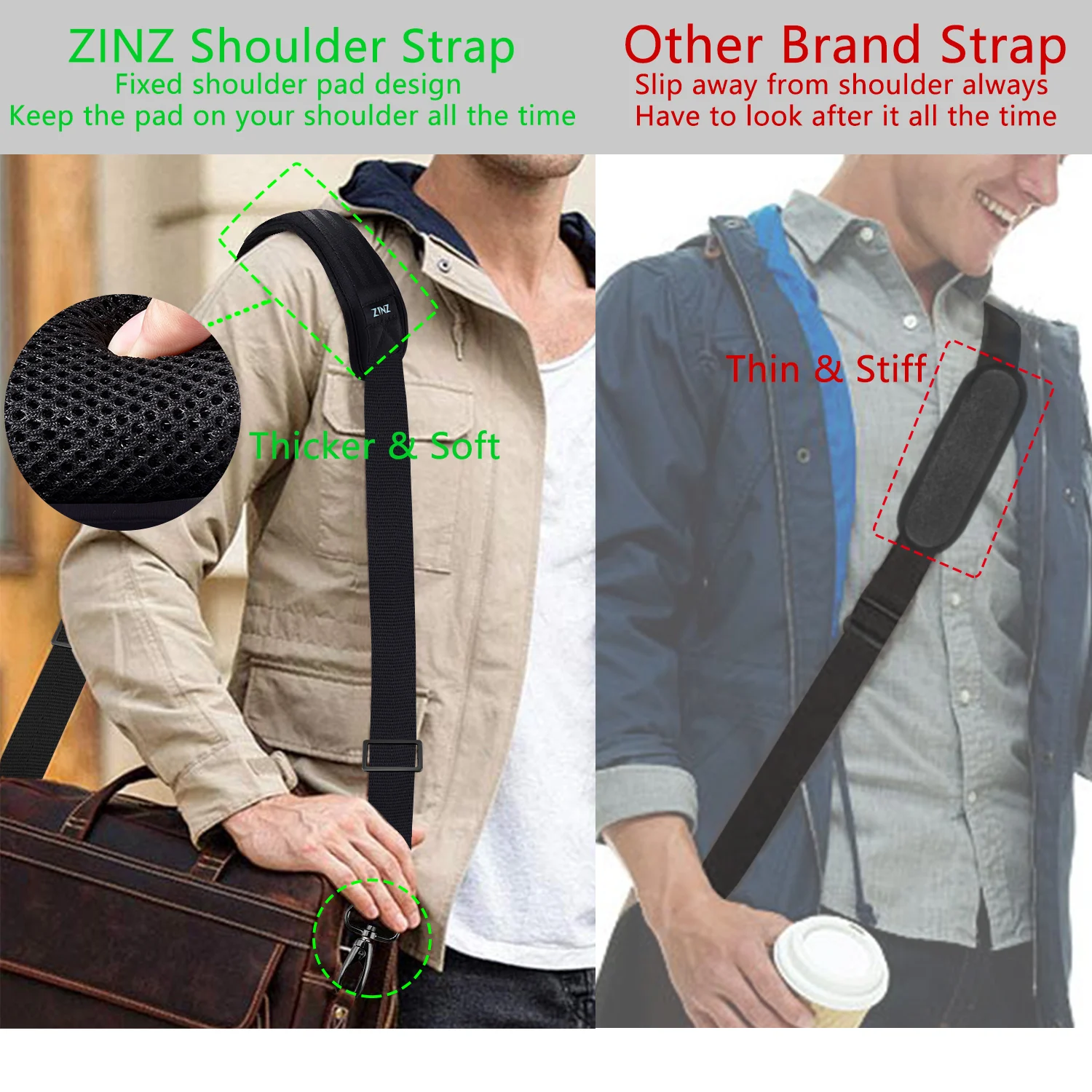 ZINZ 79 inch Shoulder Strap, Extra-thick Fixed Cushion Pad and Dual Clasps Universal Replacement Strap with Metal Swivel Hooks