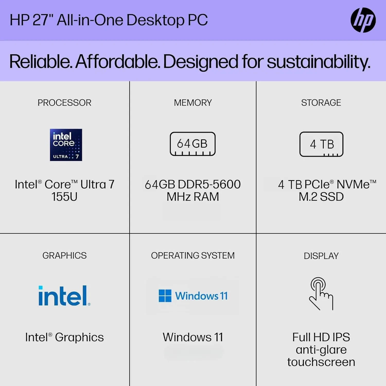 HP 27" All-in-One Touchscreen Desktop,Intel Ultra 7-155U,64GB DDR5 RAM,4TB SSD,Adjustable Height,WiFi 6,Windows 11 Home,White