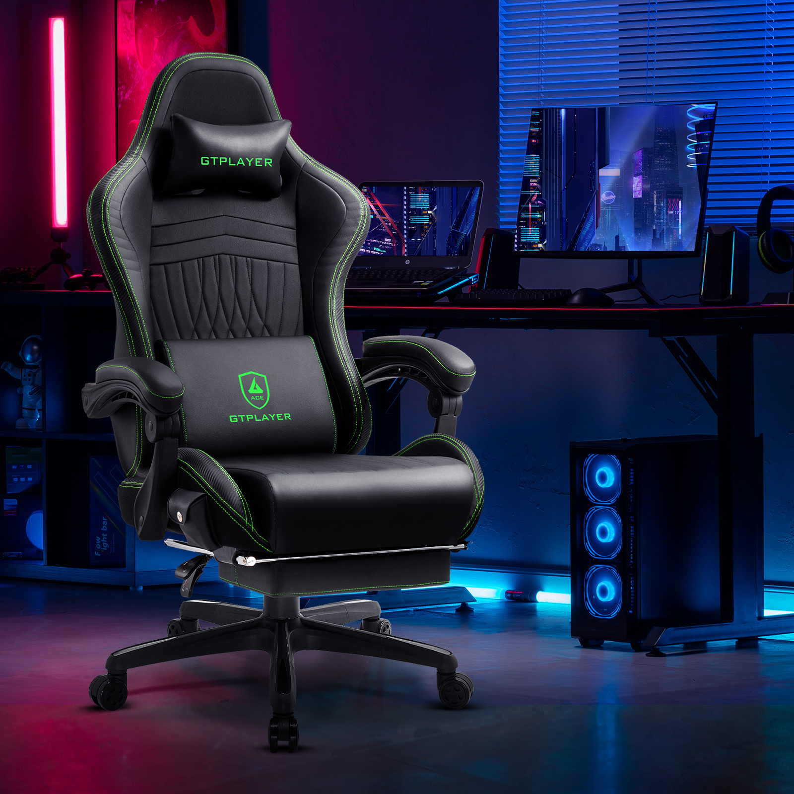 GTPLAYER Gaming Chair with Footrest, Dual Bluetooth 5.1 Speakers, Heavy Duty Large Frame Cold Cure Foam Height Adjustable Co