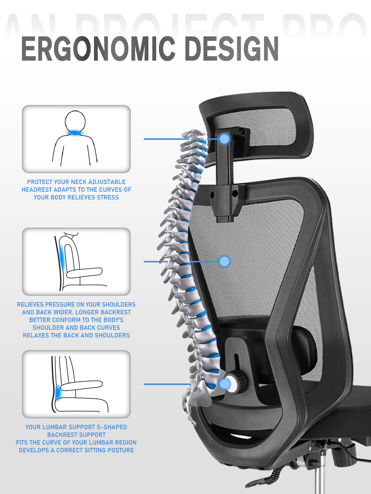 Durrafy Ergonomische bureaustoel, pc-gamingstoel, bureaustoel met hoofdsteun, armleuning, lendensteun, kantel- en schommelfunctie