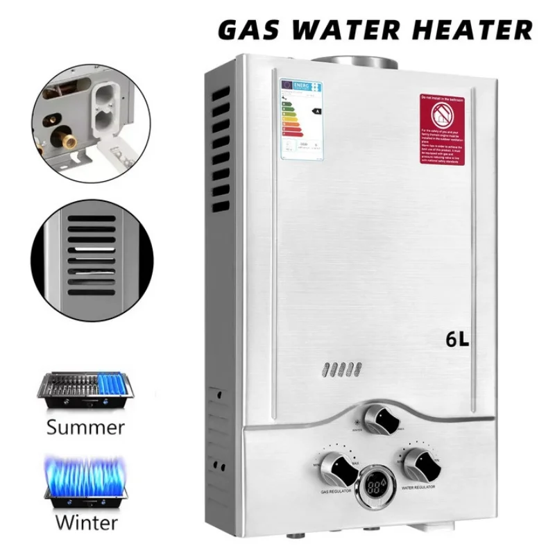 Aquecedor de água a gás lpg, 16kw, 6l-8l, aço inoxidável, gás propano sem tanque, caldeira lpg com kit de chuveiro, aparelho de acampamento doméstico