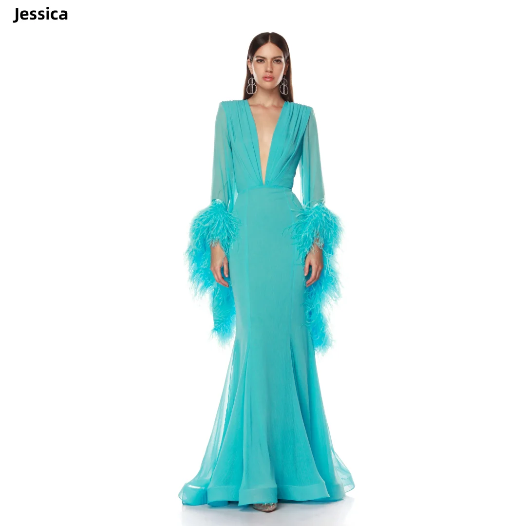 Jessica sexy profundo decote em v vestidos de noite feitos à mão luxo manga longa penas vestidos de baile céu azul vestidos de festa personalizados