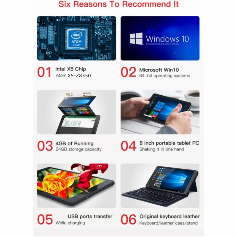 ขายร้อน 4 GB/8 GB RAM 64 GB/128 GB ROM 8 นิ้ว 64bit Windows 10 แท็บเล็ต PC X5-Z8350 1.44 GHz Quad-Core Mini แท็บเล็ต Dual กล้อง