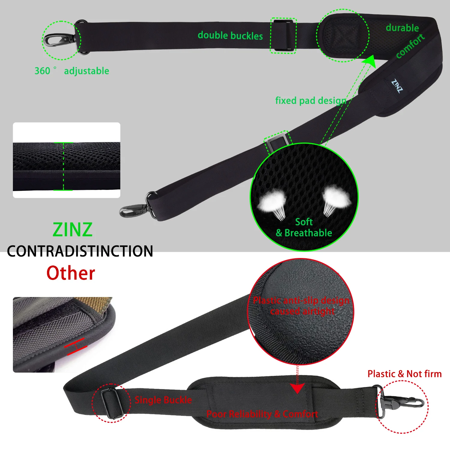 ZINZ 79 inch Shoulder Strap, Extra-thick Fixed Cushion Pad and Dual Clasps Universal Replacement Strap with Metal Swivel Hooks