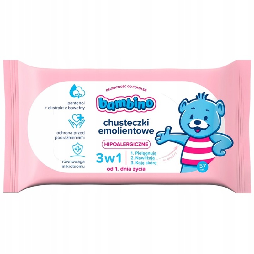 Chusteczki emolientowe dla niemowląt Bambino (57 sztuk) x 12 opakowań