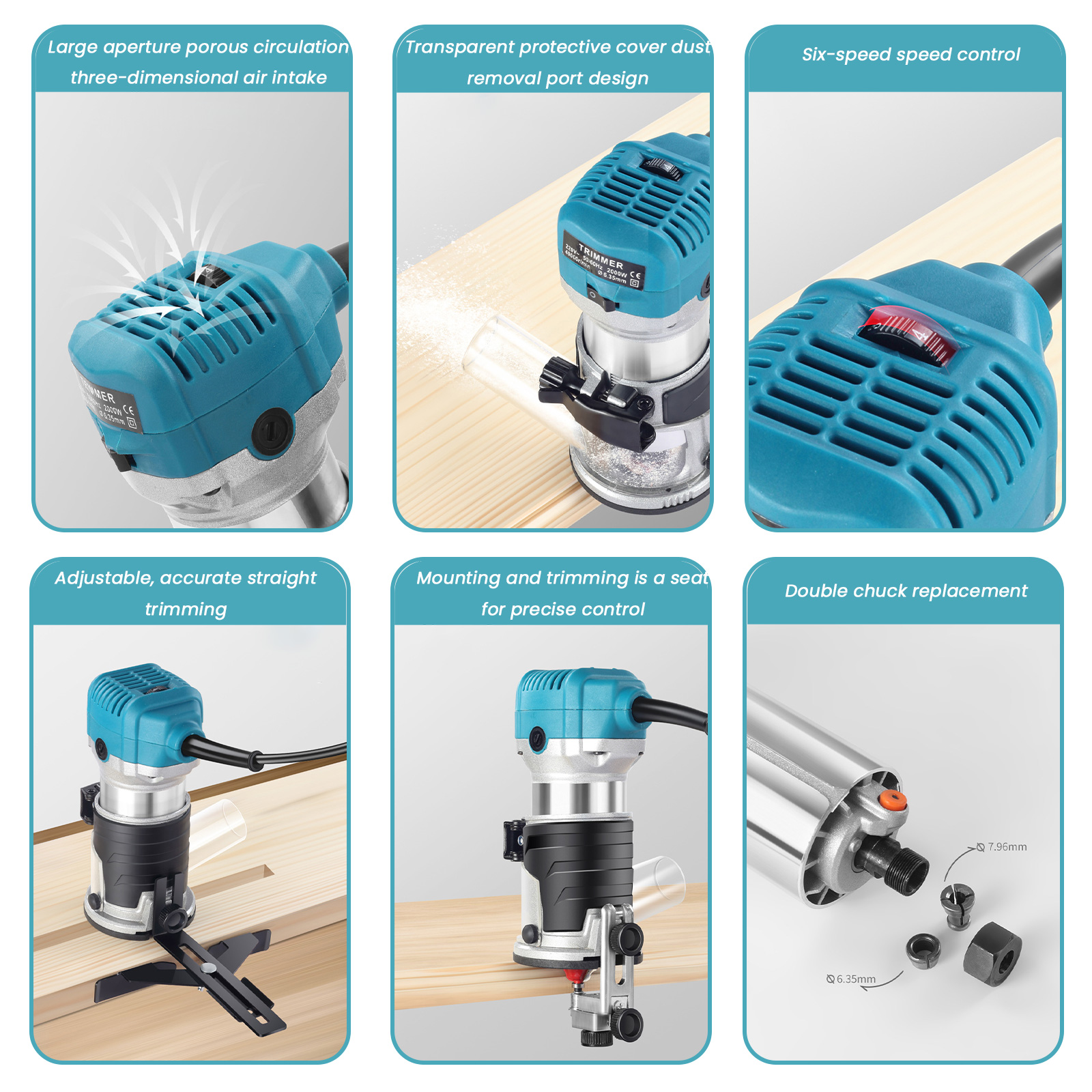 2000W Hout Elektrische Trimmer Houtbewerking Freesmachine 6e versnelling Handtrimmers Hout Rand Router 40000 RPM Thuis DIY gereedschap