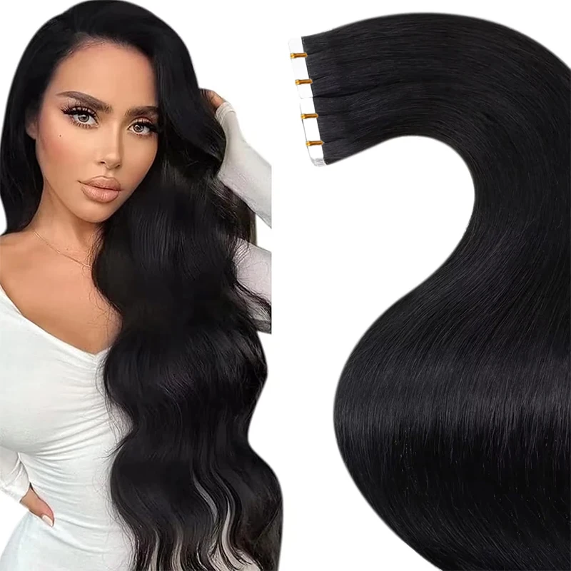 Shine fita reta de cabelo humano real em extensões fita dupla face preta para trama de pele extensões sem costura fita em # 1B