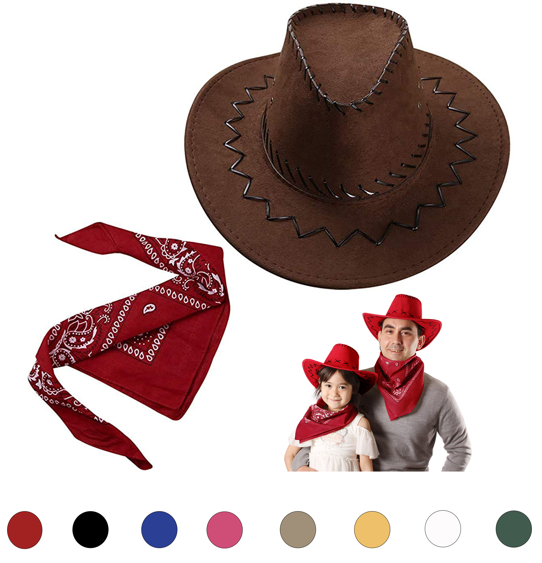Sombrero Cowboy de Vaquero con Pañuelo Bandanas Paisley de Algodón para Disfraz de Adulto y Niños, 2PCS