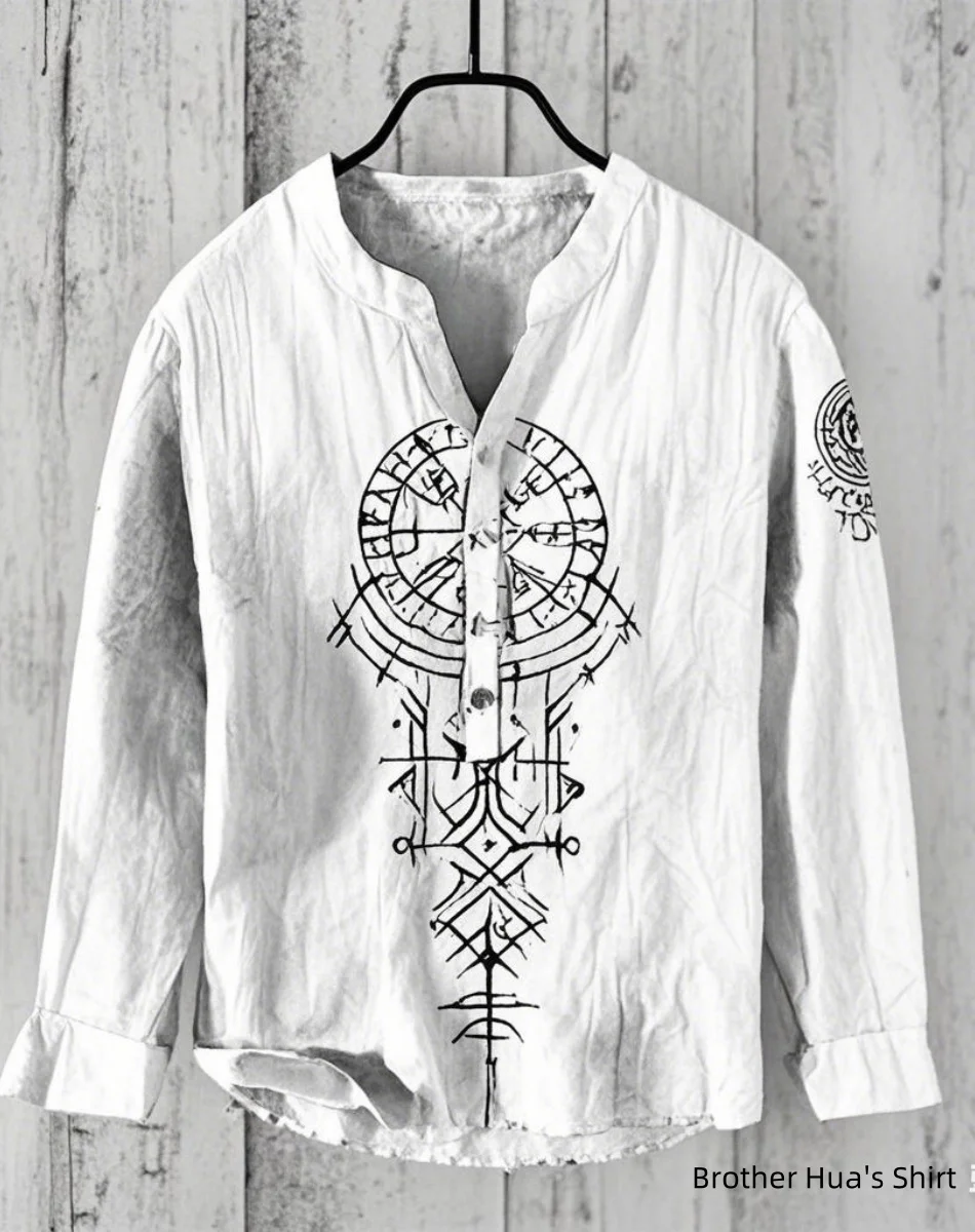 Men's Linen V-Neck Shirt Hawaiian Men's T-Shirt New Linen Shirt HD Graphics Plus Size Vikings Graphics
