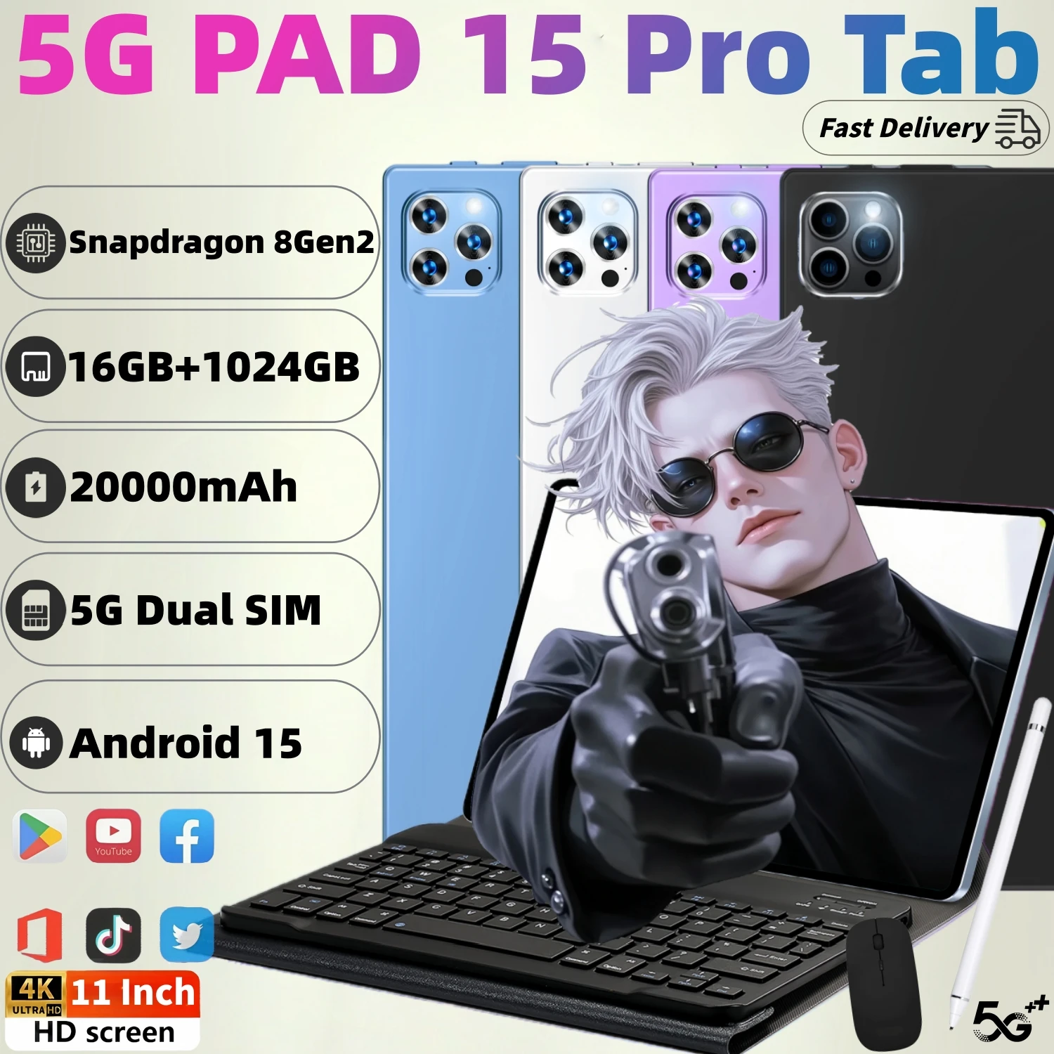 2025 Originele PAD 15 Pro Tablet Android 15 Snapdragon 8Gen2 11 Inch HD 16 GB + 1 TB 20000 mAh 5G Dual SIM Bluetooth WiFi Tafels PC