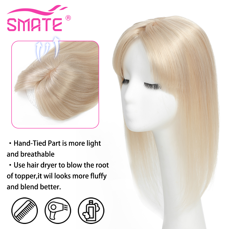 Smarte 13*12cm 10 "12" 14 "topper pedaço de cabelo com franja 100% real remy cabelo humano topper para mulheres com cabelo fino cor natural