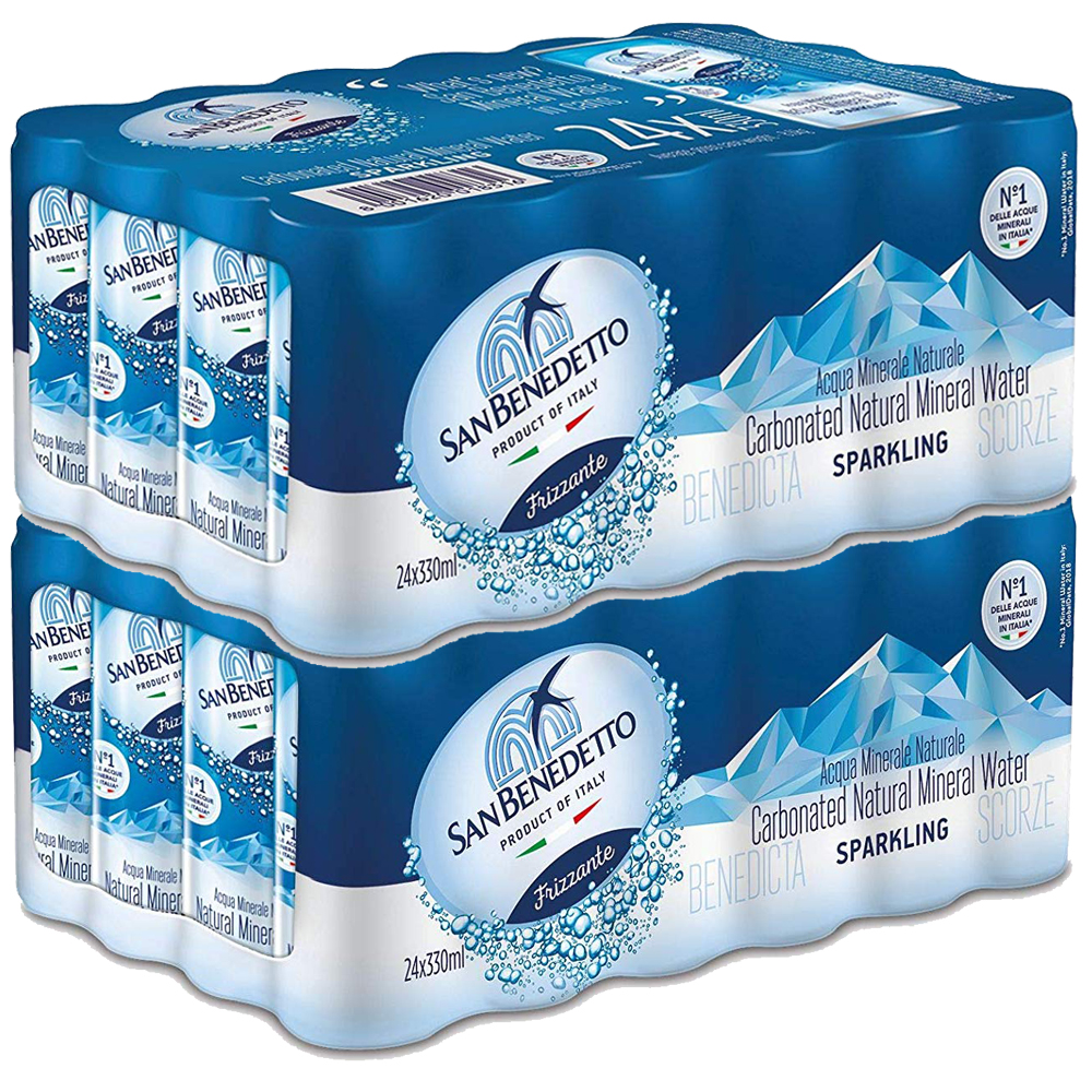 Boîte d'eau minérale pétillante San Benedetto |   48 pots 33 Cl |   Plastique gratuit |   Produit réduit par l'impact environnemental