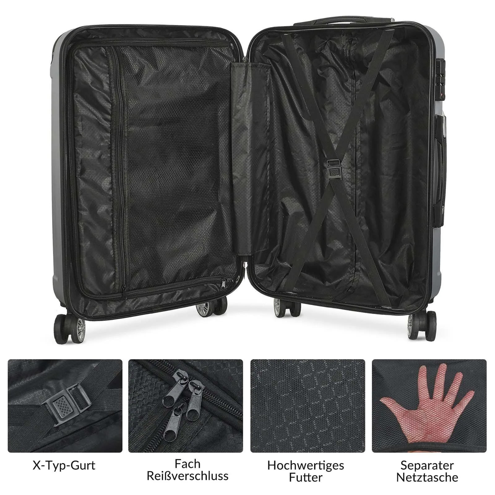 Conjunto de malas 3 em 1 Anajqaqia 20 + 24 + 28 polegadas, com trava TSA e 360 °   Rodas e escalas, conjunto de bagagem de mão com carrinho de viagem de casca dura, preto