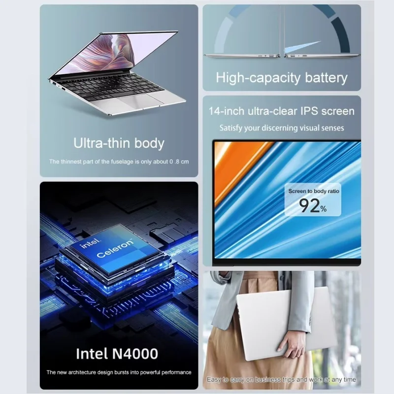 2025 Notebook professionale da 14.1 pollici Windows 11 Pro Intel Celeron N4000 12GB DDR4 1TB 2TB SSD 1920*1080p 4K PC portatile