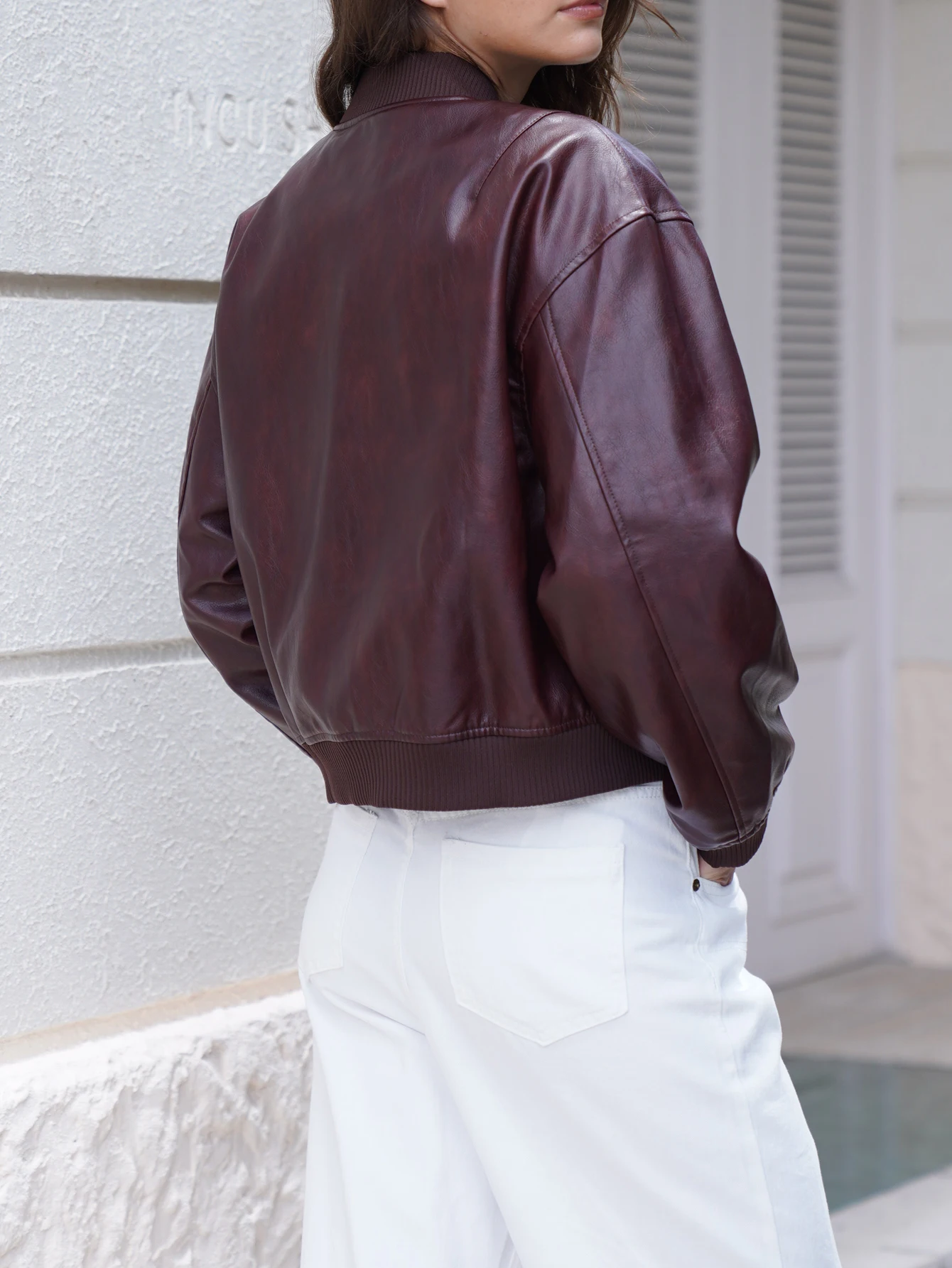 2025ผู้หญิงฤดูใบไม้ร่วงPuหนังBomber Jacketสีแดงไวน์,เสื้อสีน้ําตาล