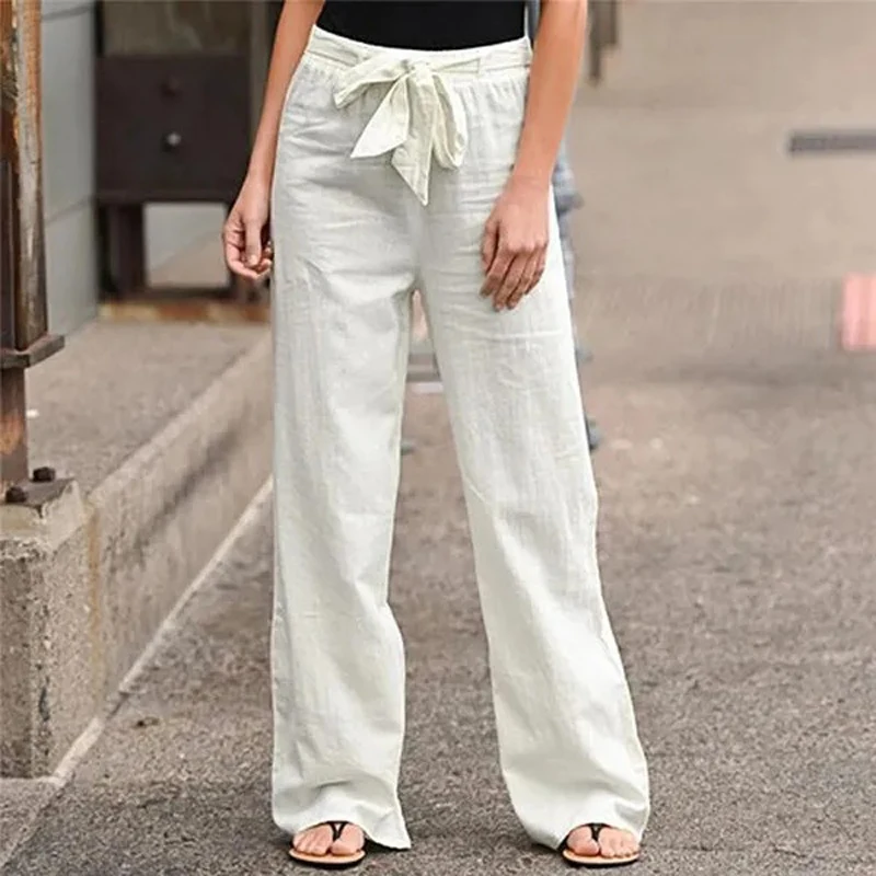 Mulheres calças compridas casual solto algodão linho cintura elástica solta calças retas femininas cintura elástica calças de perna larga streetwear