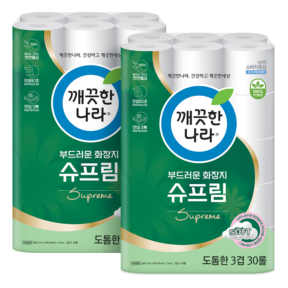 깨끗한나라 부드러운 화장지 슈프림 27m 30롤 2팩