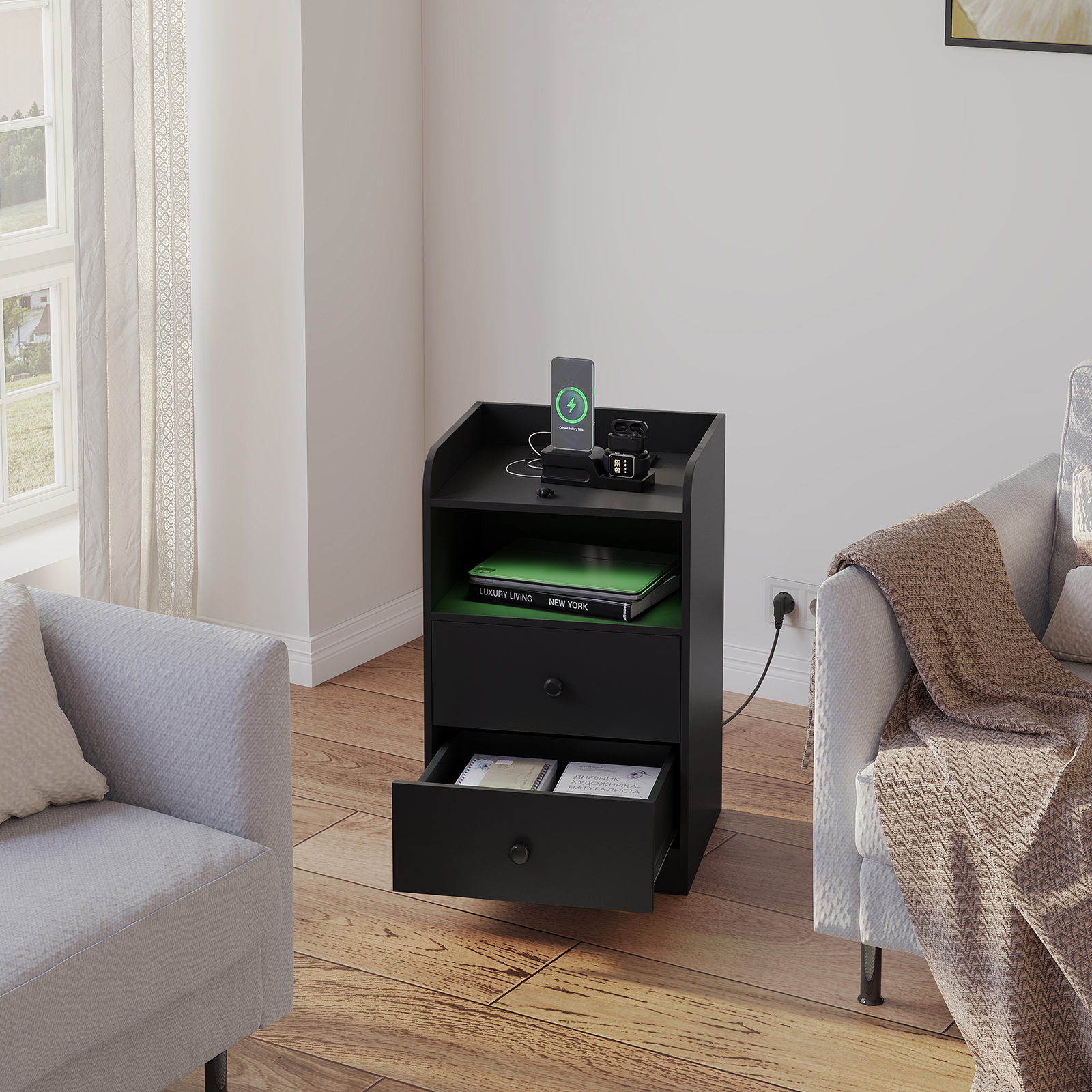 Table de chevet avec station de charge, prises USB, ports, table d'appoint avec lumière LED, table de chevet, chambre à coucher en bois