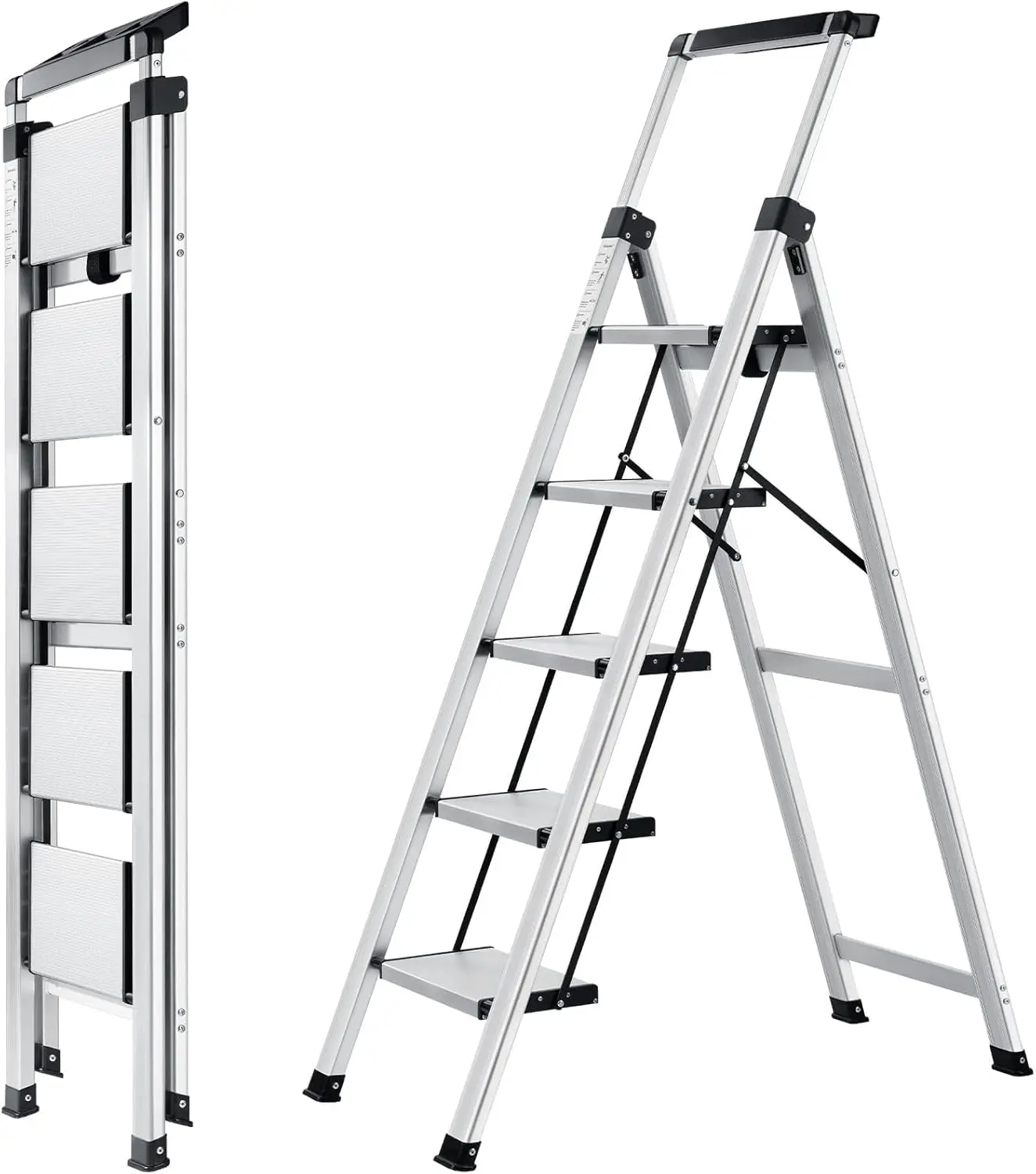 Step Ladder 5 Step, Aluminum Folding Step Stool with Retractable Handgrip & Removable Tool Tray, Lightweight Stepladders