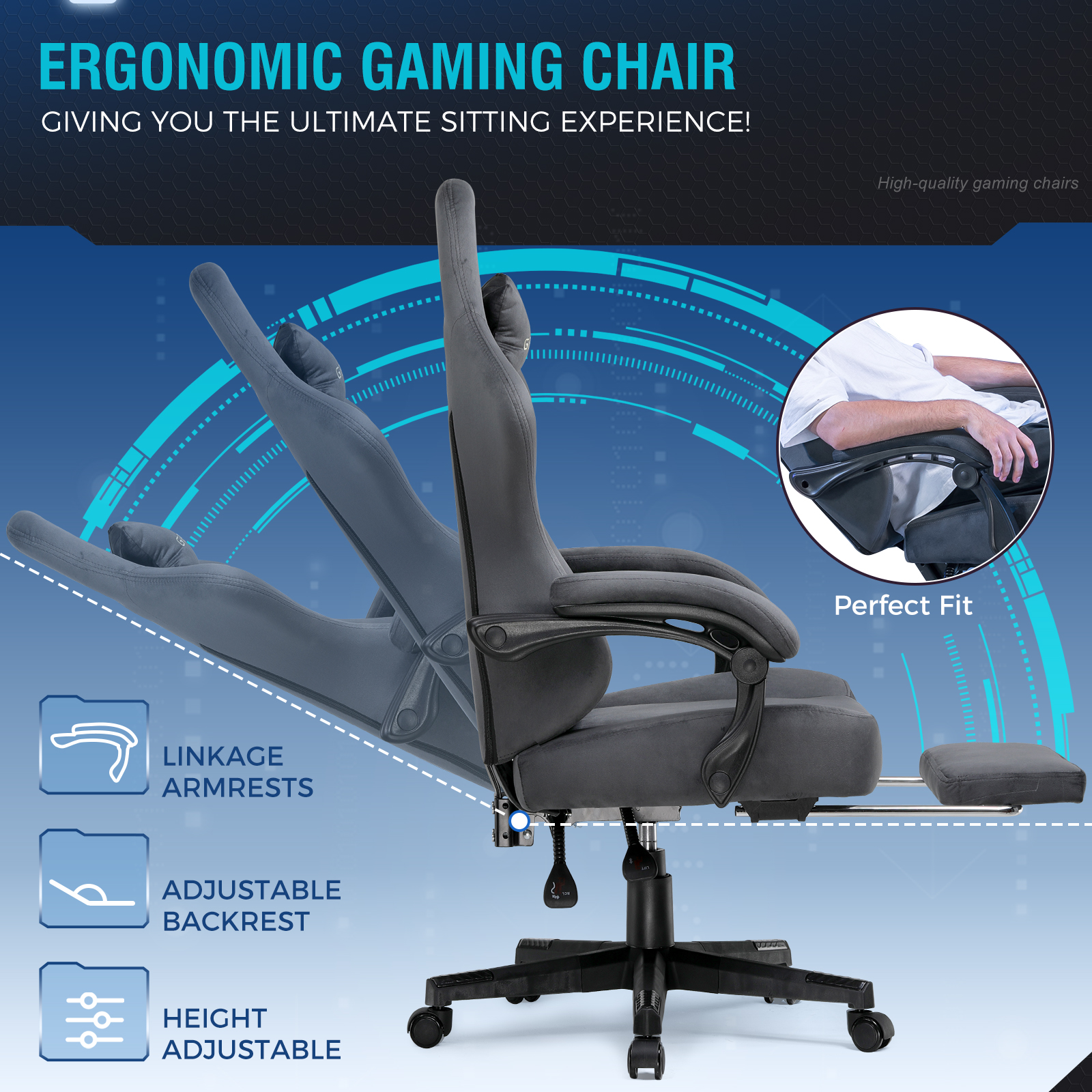 GTPLAYER Fabric Gaming Chair, Ergonomic Computer Chair with Footrest and Lumbar Support Height Adjustable Home Office Chair