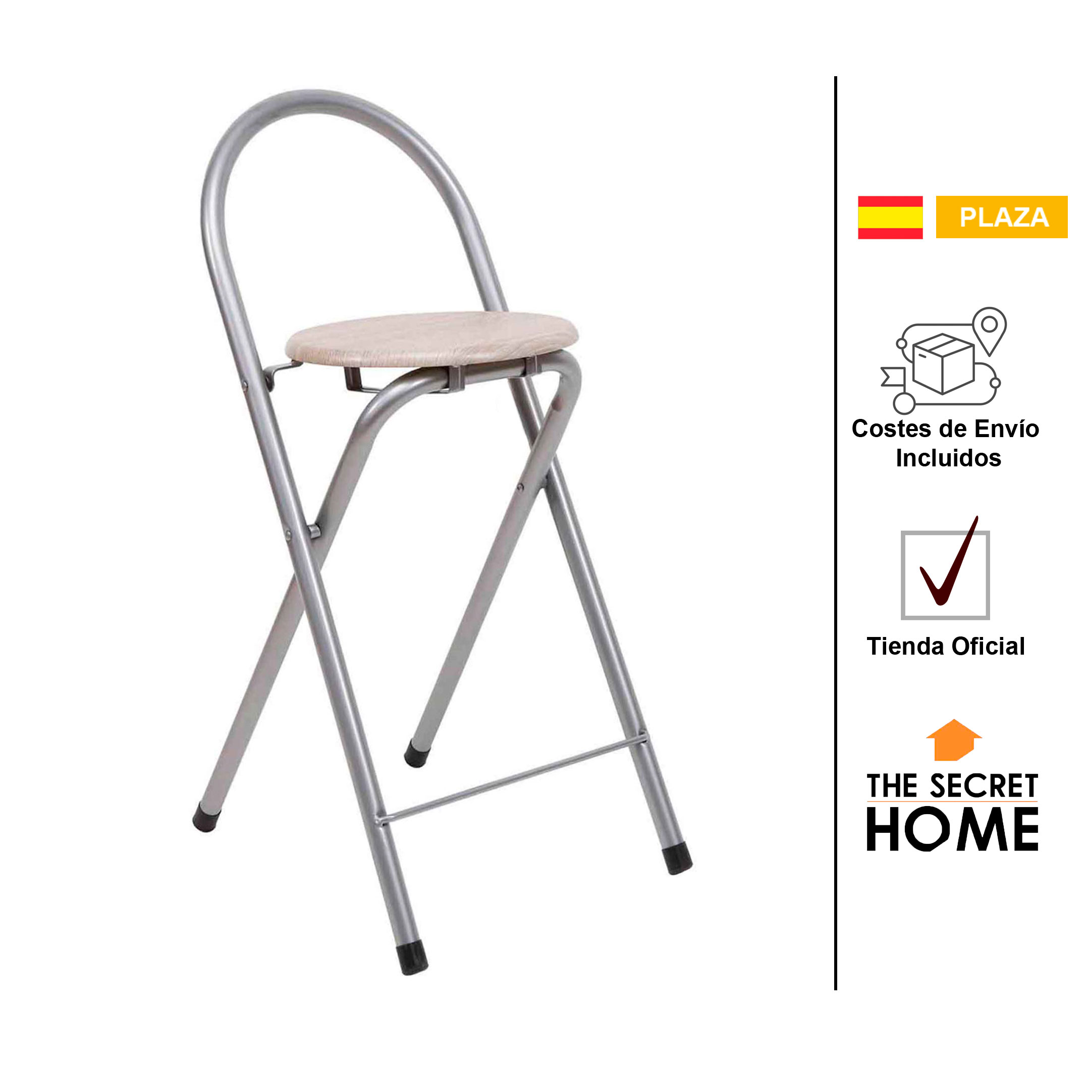 The Secret Home - Pack de 1, 2 y 4 Taburetes Plegables con Respaldo - Silla Plegable de Metal y Madera - Ideal para Cocina, Terraza o Jardín (Alto. 80 cm x Largo. 40 cm - Plata)