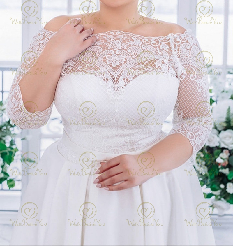 Plus size vestido de noiva 2024 frente curta longa volta renda e cetim vestido de noiva com mangas compridas 3/4 fora do ombro