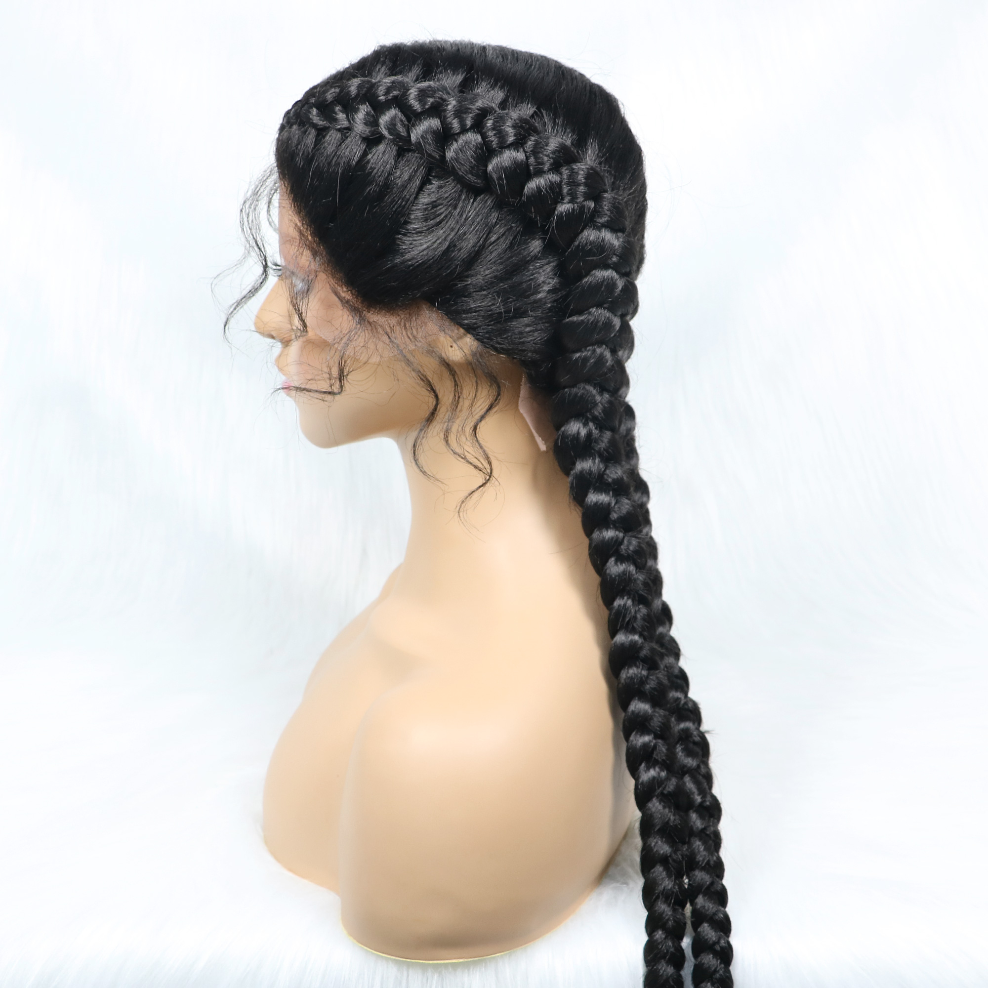 36-Zoll-lange synthetische geflochtene Perücken mit Spitzenfront, niederländische Zwillings-Zöpfe-Perücke mit Babyhaar für schwarze Frauen